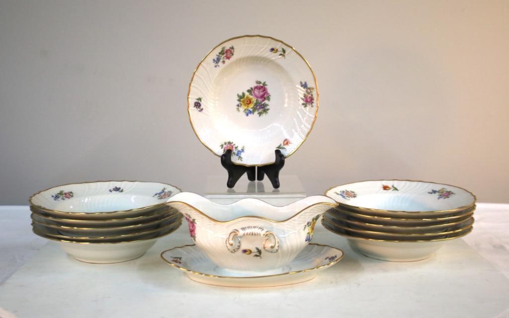 Collection of Richard Ginori Porcelain: Eleven Richard Ginori (Italy) Soup Bowls, and a gravy boat. Dimensions: H 8 x W 8 x D 4 inches NOTE: Good