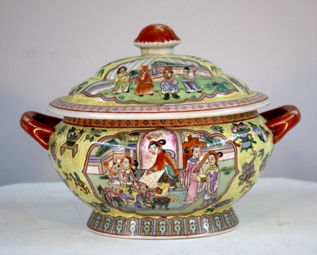 Chinese Tureen and Cover: Ground yellow base with handpainted scenes of woman and children. No Marks Dimensions: H 11 x W 15 x D 9 inches NOTE: Good