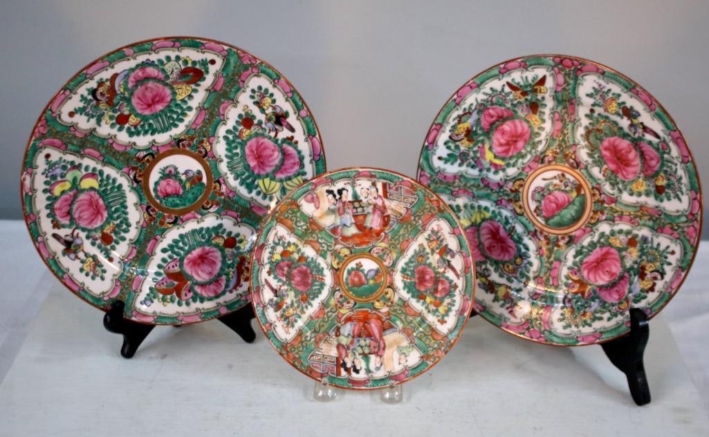Three Rose Medallion Plates: Marked "YT Decorated Hong Kong" and hand painted. Dimensions: H 2 x W 10.25 x D 10.25 inches NOTE: Good