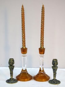 Pair of Glass Candlesticks and Metal Candleholders