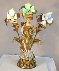 Art Nouveau Figural Porcelain and Gilt-Metal Three-Light Table Lamp
