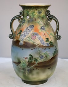 Moriage 'Birds in Landscape' Twin-Handled Vase