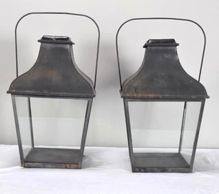 Pair of Tin and Glass Lanterns
