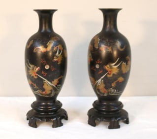 Pair of Japanese Lacquered Vases with Dragon Decoration
