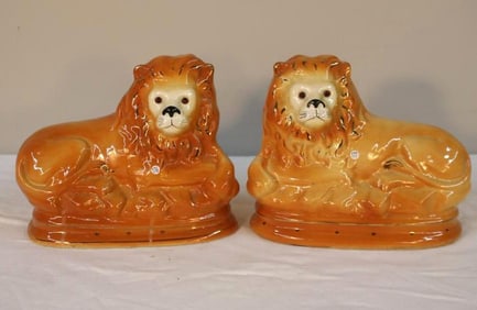 Pair of Staffordshire-Style Recumbent Lion Figures