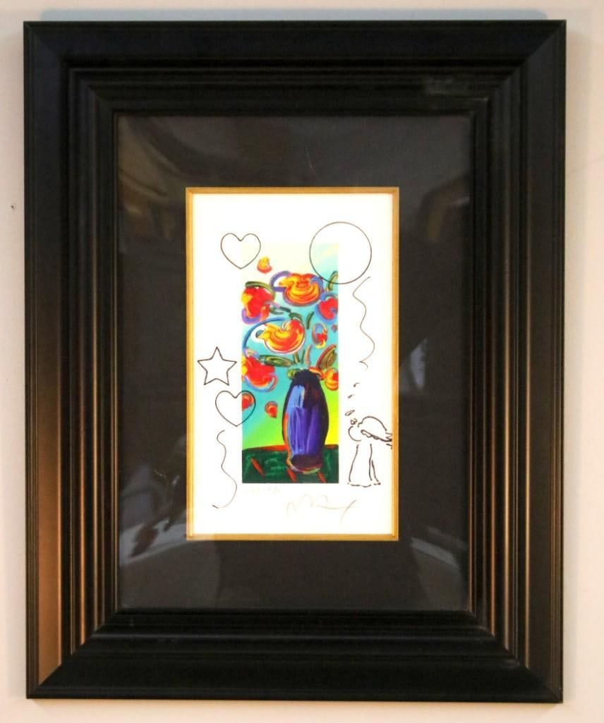 Peter Max (German American, b. 1937 -): Vas of Fowers, , Acrylic paint and Lithography. Bio: Known for his bold colors, cosmic imagery, and multi-colored blends, which resonated with the countercultural movements of the 1960s and 70s. His w