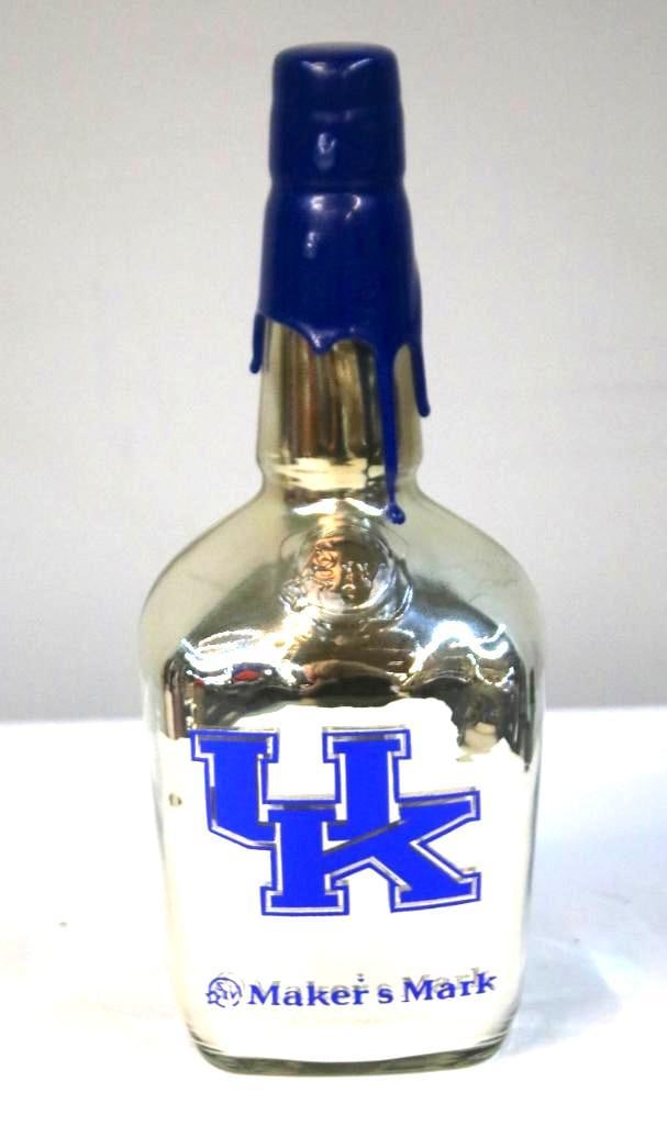 Maker’s Mark - University of Kentucky Chrome Bottle: Maker’s Mark - University of Kentucky Chrome BottleSealed but Empty! A Maker’s Mark commemorative chrome-finish glass bottle featuring the University of Kentucky “UK” logo in blue, origina