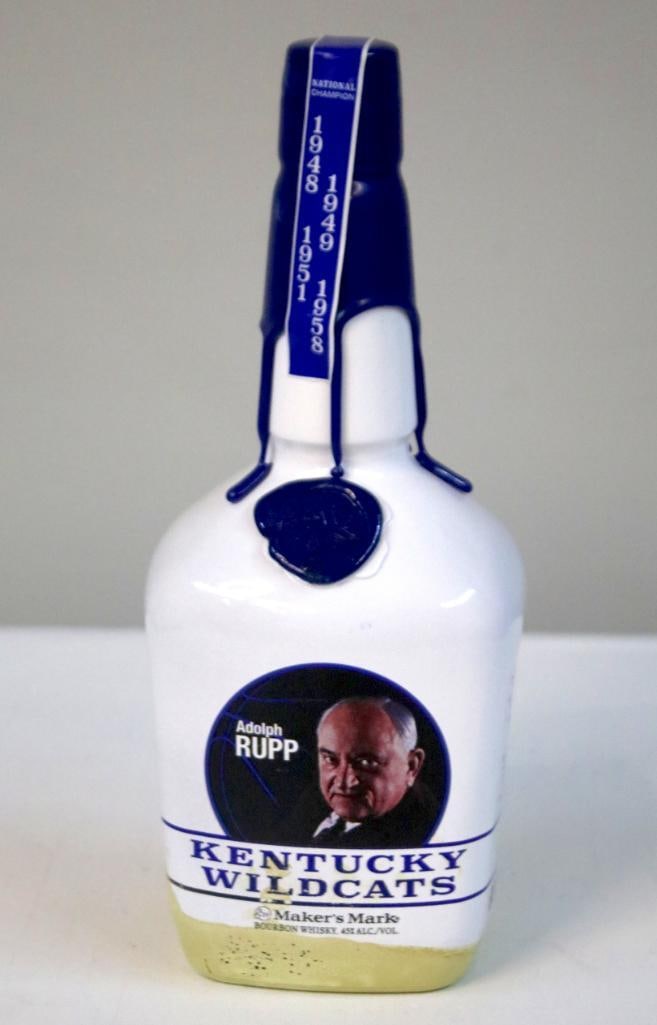 Maker’s Mark - Adolph Rupp Commemorative Bottle: Maker’s Mark - Adolph Rupp Commemorative Bottle#8159 of 11,000. Maker’s Mark Kentucky Straight Bourbon Whisky, 45% alc./vol., issued as part of a Keeneland-sponsored commemorative series celebrati