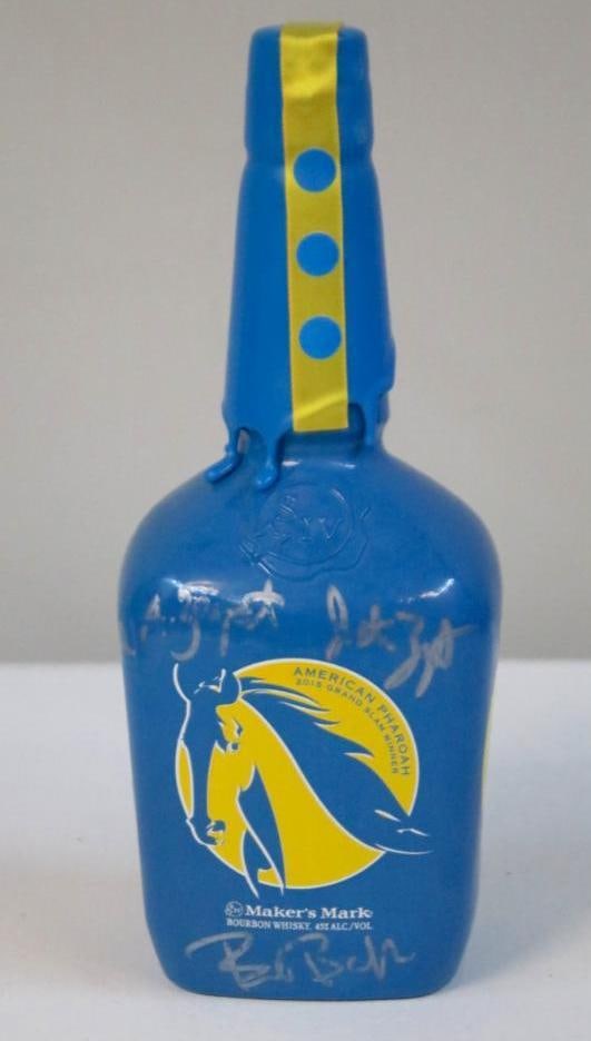 Maker’s Mark “American Pharoah" Commemorative Bottle: Maker’s Mark “American Pharoah” Commemorative BottleSigned by Bob Baffert, Ahmed Zayat, Justin Zayat, and Rob Samuels. Maker’s Mark Kentucky Straight Bourbon Whisky, Star Hill Farm, Lorett