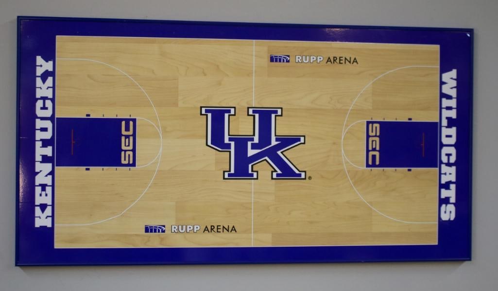 U of K Rupp Arena Court Diagram Display: Large-format decorative display reproducing the University of Kentucky Wildcats basketball court as seen at Rupp Arena, centered with the UK logo and marked with “Rupp Arena” at both baselines
