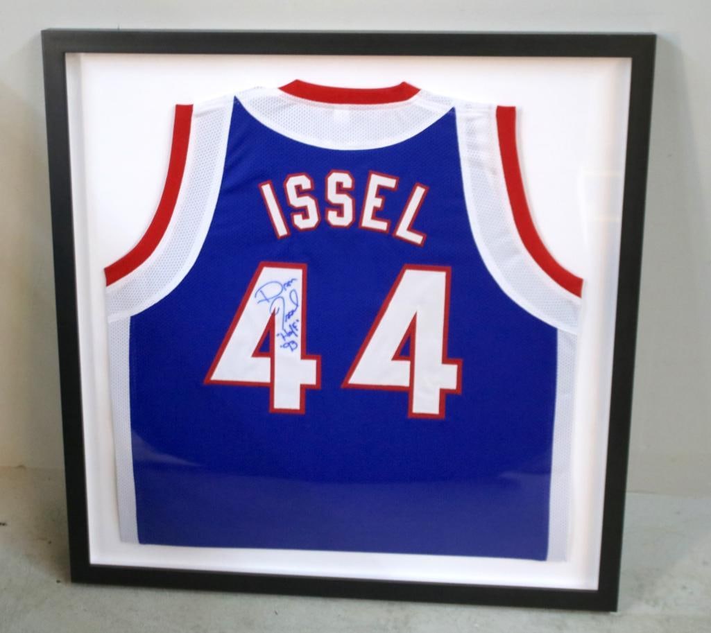 Dan Issel Signed Kentucky Colonels No. 44 Jersey: Framed Kentucky Colonels blue basketball jersey with “ISSEL” across the shoulders and number 44, signed in blue ink by Dan Issel on the numeral with an added “HOF” inscription, present