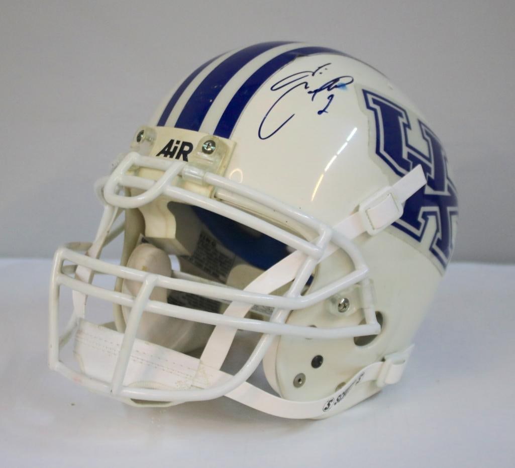 Tim Couch Signed Kentucky Wildcats Helmet: White Schutt “College Authentic Series” Kentucky Wildcats full-size football helmet with blue center striping and large “UK” decals, signed in blue ink by former Wildcats quarterback T