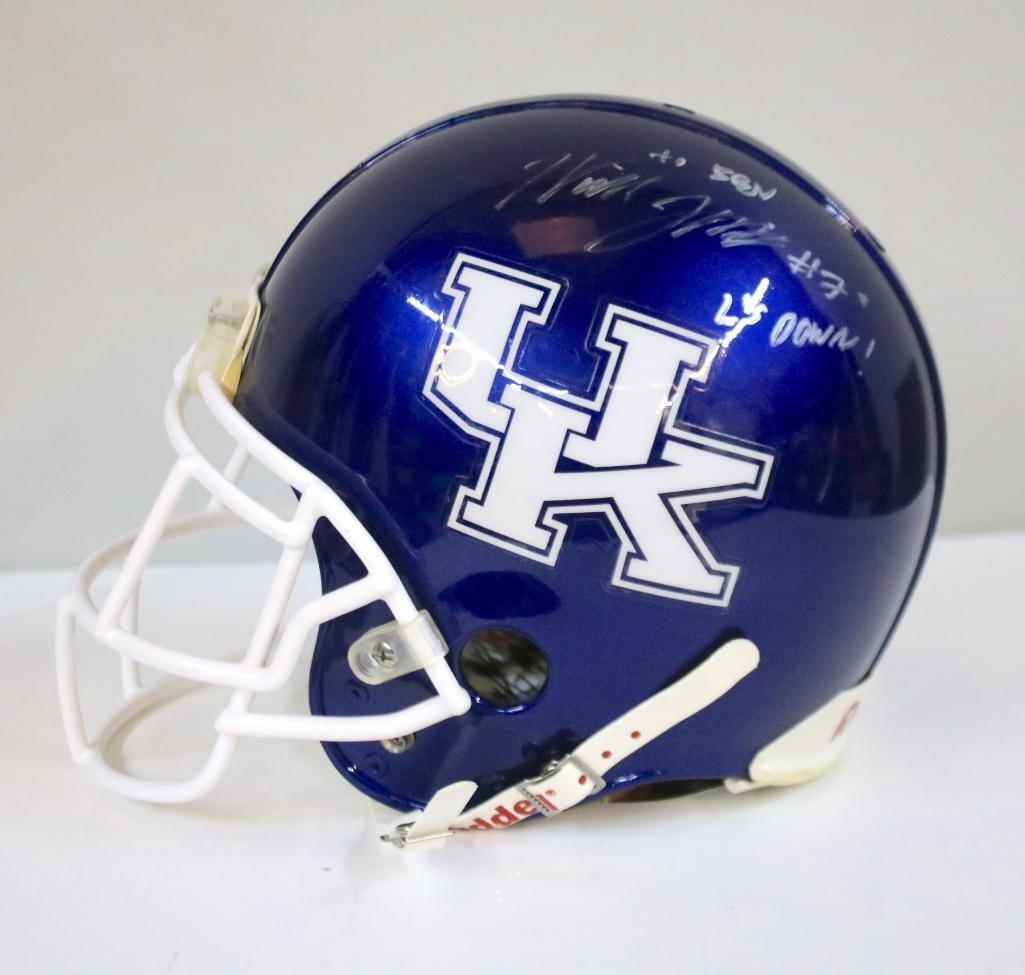 Will Levis Signed UK Helmet - “LS Down!?? Inscription: Blue Riddell Kentucky Wildcats full-size football helmet with white facemask and large “UK” decals, boldly signed in silver paint pen by former Wildcats quarterback Will Levis, inscribed “#7