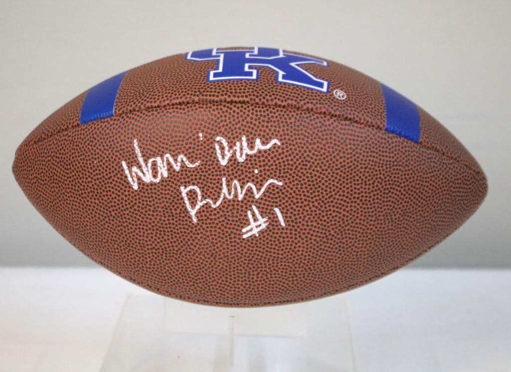 Randall Cobb Signed University of Kentucky Wildcats Logo Football: University of Kentucky Wildcats brown logo football signed in silver marker by Randall Cobb, with “#1” inscription, accompanied by an affixed JSA authentication sticker numbered RR55229. The b