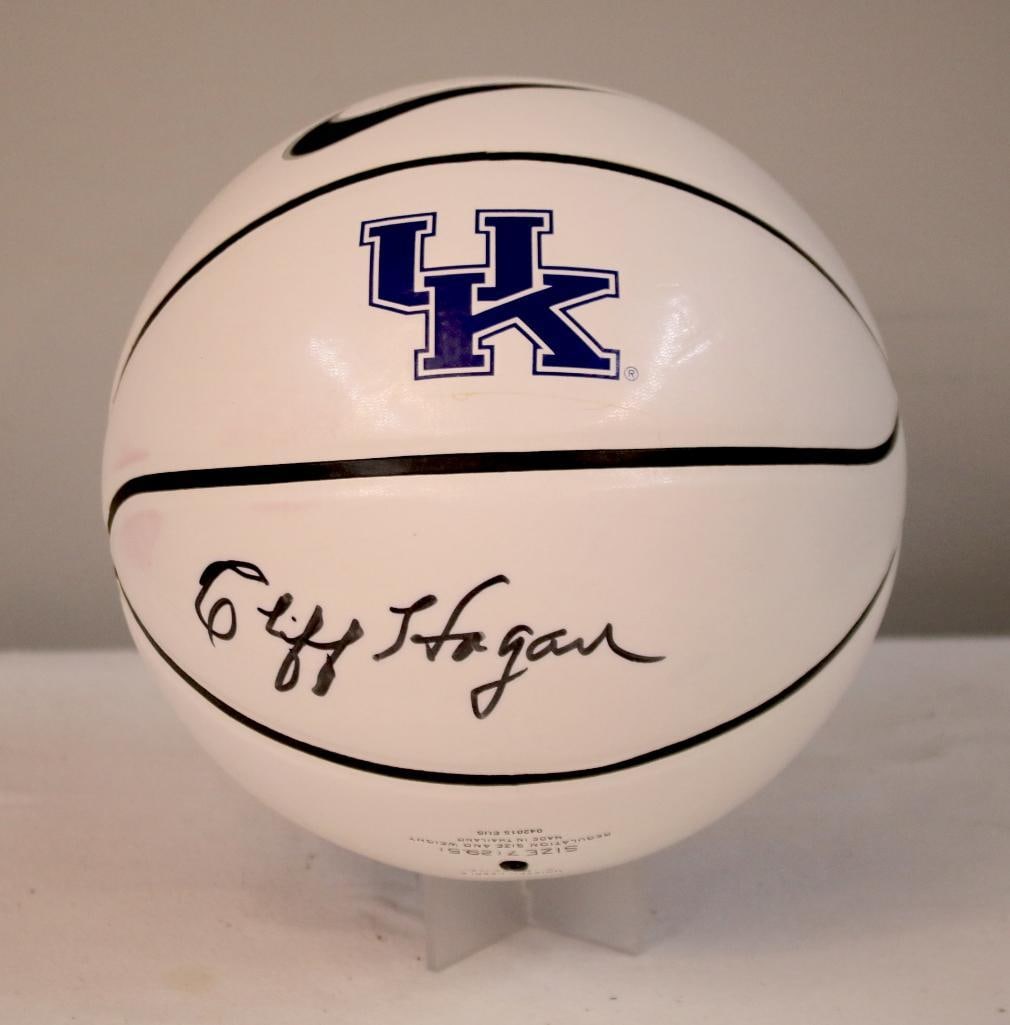 Cliff Hagan Signed UK Wildcats Basketball: University of Kentucky Wildcats basketball signed in black marker by Cliff Hagan, legendary Kentucky Wildcats player and longtime University of Kentucky athletic director. The white-panel UK logo ball