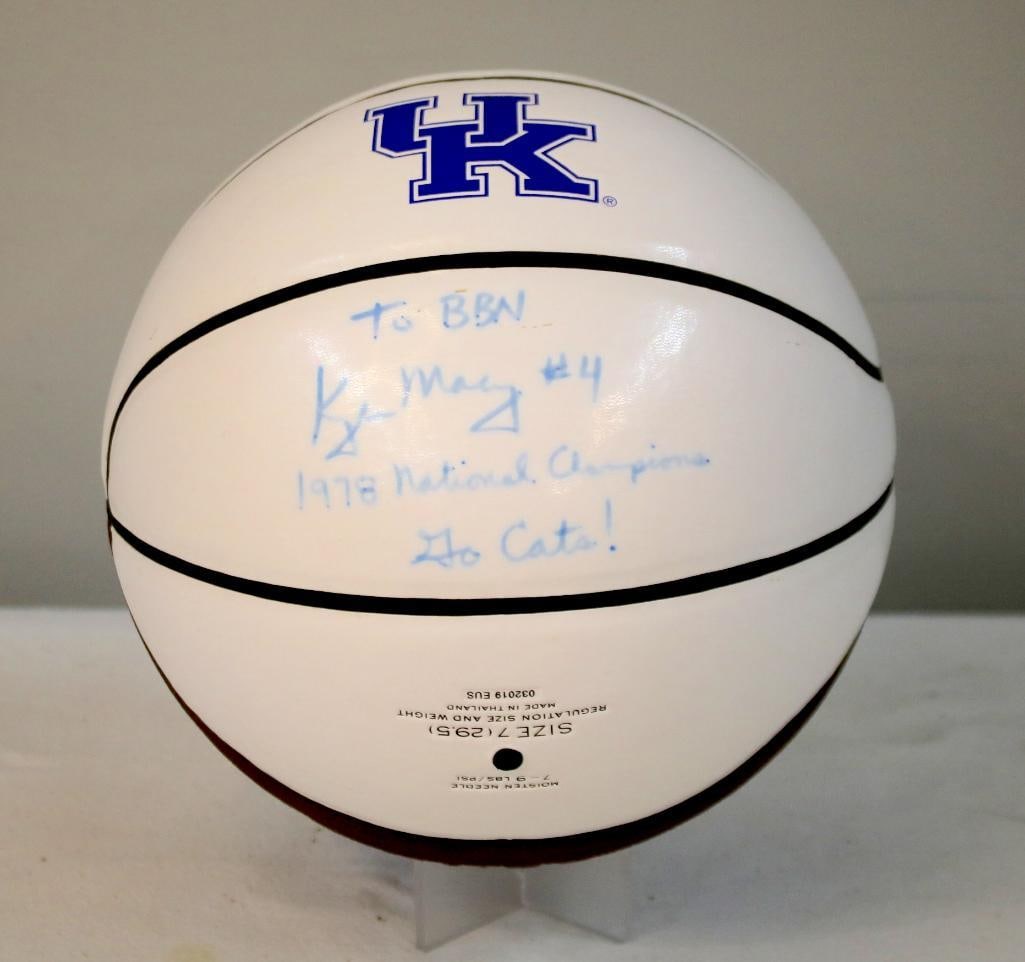 Kyle Macy Signed UK Wildcats Basketball: Full-size Nike University of Kentucky Wildcats basketball signed in blue marker by Kyle Macy, inscribed “#4,” “1978 National Champions,” and “Go Cats!” with a personal dedicati