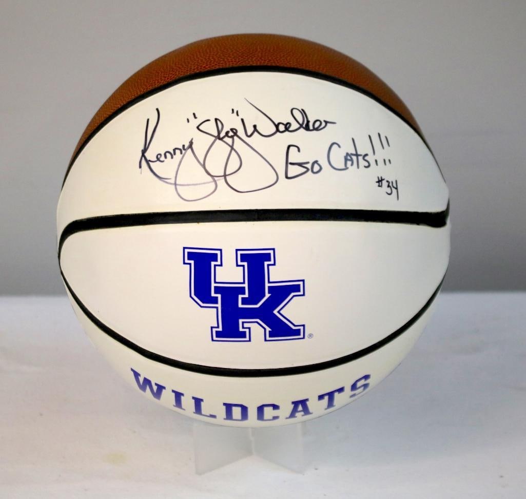 Kenny “Sky?? Walker Signed UK Wildcats Basketball: Kentucky Wildcats full-size half white / half brown leather basketball with blue UK logos and “WILDCATS” lettering, signed in black marker “Kenny ‘Sky’ Walker” and inscribed “Go