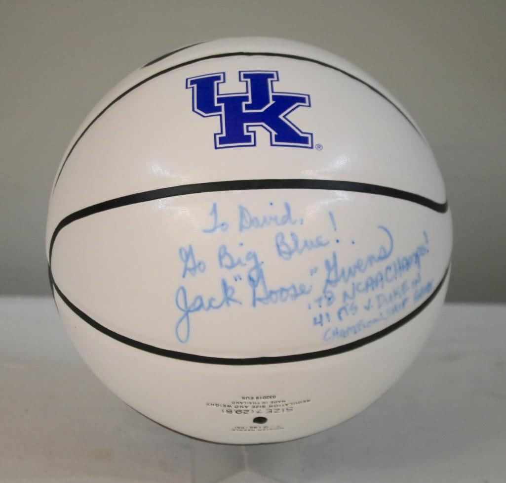 Jack “Goose?? Givens Inscribed UK Wildcats Basketball: Kentucky Wildcats full-size Nike basketball, half white / half brown leather, with blue UK logos and chrome “KENTUCKY” lettering on the brown panel, signed and inscribed in blue marker: “To