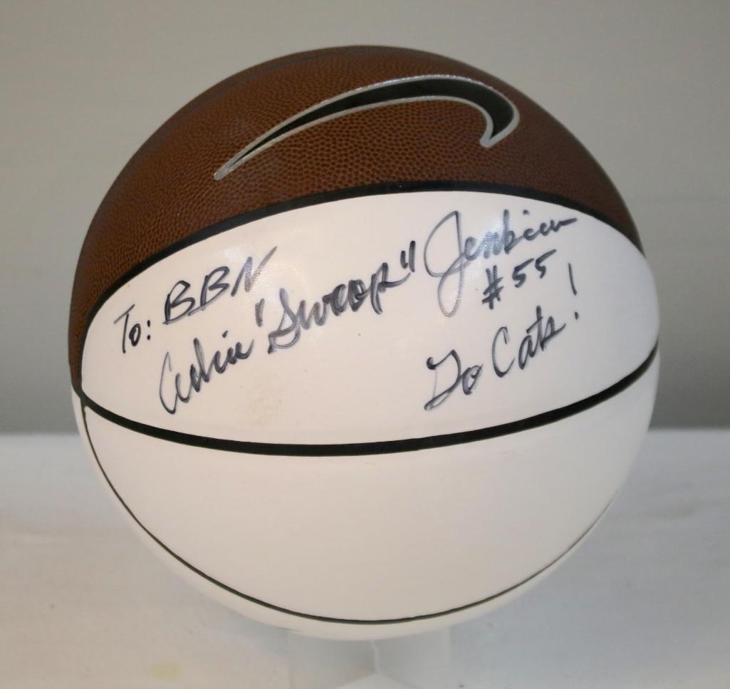 Cedric Jenkins Autographed UK Wildcats Nike Basketball: Kentucky Wildcats full-size Nike basketball in half white / half brown leather with blue UK logos and chrome “KENTUCKY” lettering, signed in black marker “Cedric ‘Swoop’ Jenkins #55&rdqu