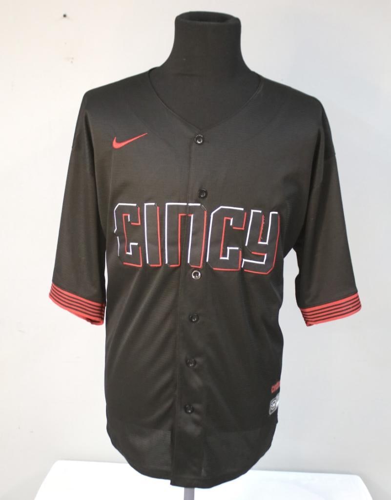 Joey Votto Cincinnati Reds No. 19 Nike MLB Jersey: Black Nike MLB Cincinnati Reds baseball jersey, button-front style, size XXL, featuring red-outlined “Cincy” lettering across the chest and number 19 on the reverse with the name “Votto&rdqu