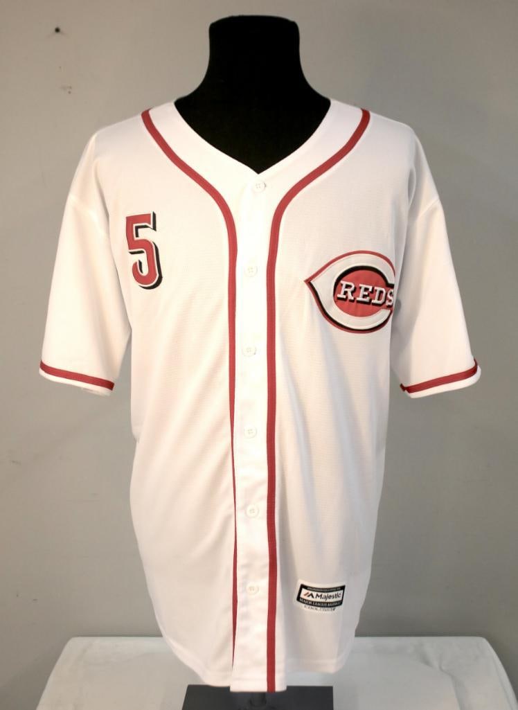 Johnny Bench Cincinnati Reds #5 Home Jersey: Modern replica home jersey representing Johnny Bench of the Cincinnati Reds, featuring the Reds “wishbone C” chest patch, player name “BENCH” and number 5 applied to the reverse, and t