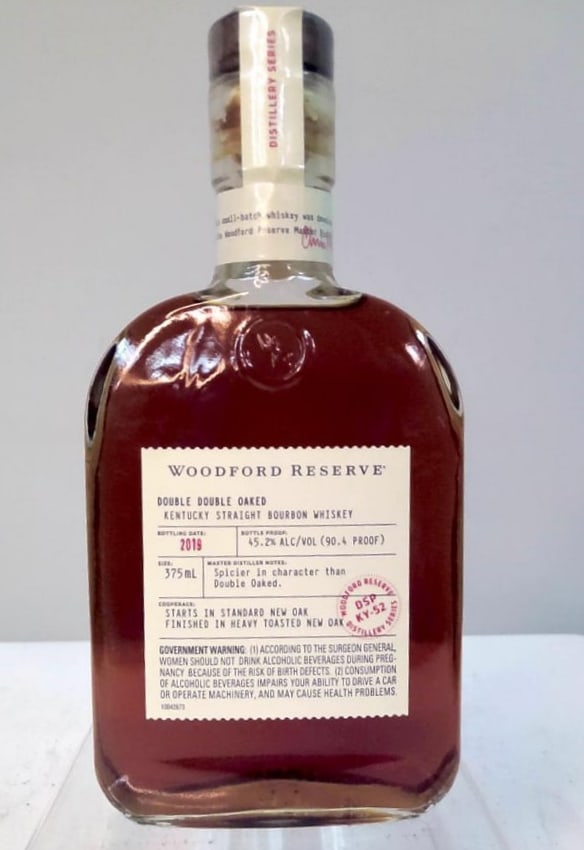 Woodford Reserve Double Double Oaked Bourbon: Woodford Reserve Double Double Oaked BourbonKentucky straight bourbon whiskey, Woodford Reserve “Double Double Oaked,” Distillery Series release, bottling date 2019, 375 ml, 45.2% alc./vol. (9