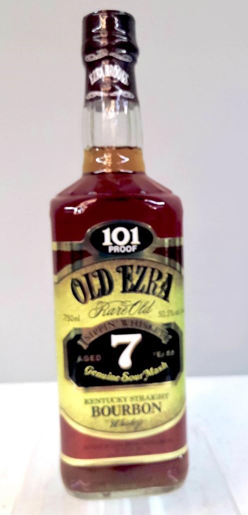 Old Ezra 7 Year Old 101 Proof Kentucky Bourbon: Old Ezra 7 Year Old 101 Proof Kentucky bourbon Kentucky straight bourbon whiskey, Old Ezra 7 Year Old, 101 proof (50.5% alc./vol.), 750 ml; labeled “Genuine Sour Mash,” aged 7 years; modern