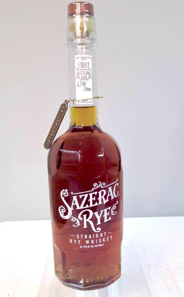 Sazerac Rye Straight Rye Whiskey - First Bottling Run (New Orleans): Sazerac Rye Straight Rye Whiskey, First Bottling Run (New Orleans) Produced by Buffalo Trace Distillery and bottled in New Orleans; Sazerac Rye Straight Rye Whiskey, bottled at 90 proof (45% ABV),