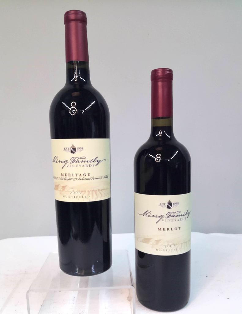 King Family Vineyards Meritage 2008 and Merlot 2007 Pair: King Family Vineyards Meritage 2008 and Merlot 2007 Pair Two bottles comprising King Family Vineyards Meritage 2008 and King Family Vineyards Merlot 2007, produced in the Monticello AVA, Virginia, eac