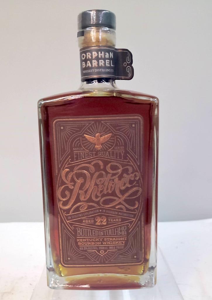 Orphan Barrel Rhetoric 22 Year Old Bourbon: Orphan Barrel Rhetoric 22 Year Old BourbonDistilled and bottled by Orphan Barrel Whiskey Distilling Co. as part of the Rhetoric series; Kentucky Straight Bourbon Whiskey aged 22 years, bottled at 90.4