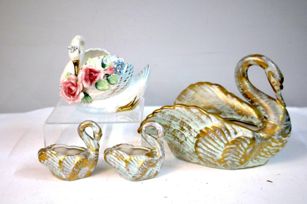 Three Stangl Pottery Swan Planters and Porcelain Swan Basket (1 of 8)