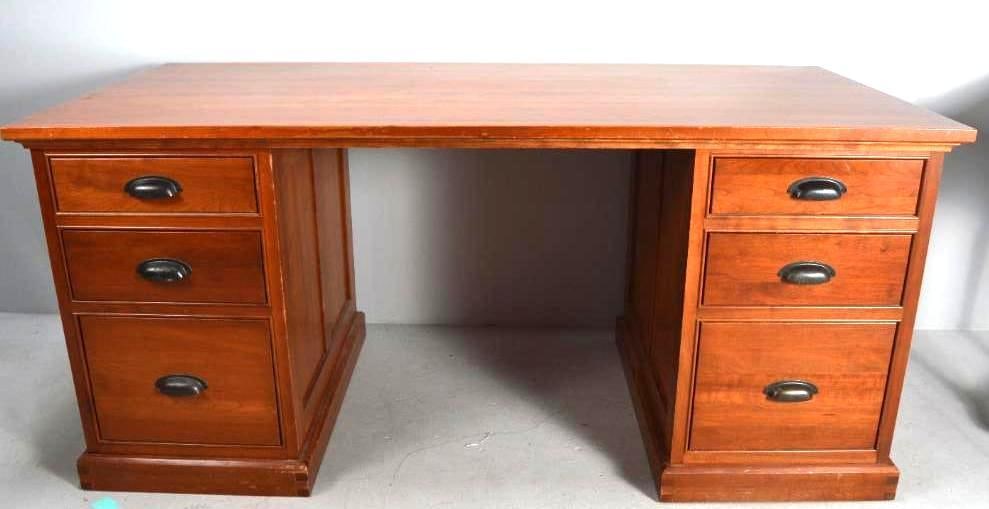 Cherry Mission Style Office Desk: With a rectangular top over a kneehole flanked by pillars with three beaded drawers. The Michaels Furniture Co. for Restoration Hardware Dimensions: H 30 x W 66 x D 31 inches NOTE: Wear consistent wit