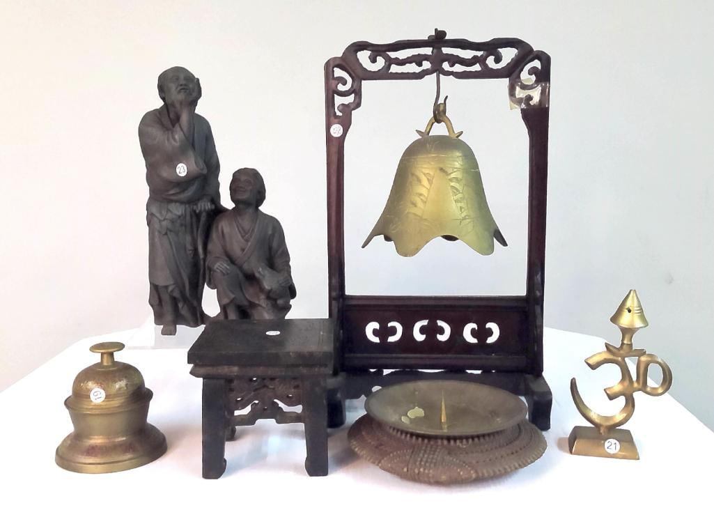 Asian Decorative Objects Including Carved Figure Group and Temple Bell (1 of 9)