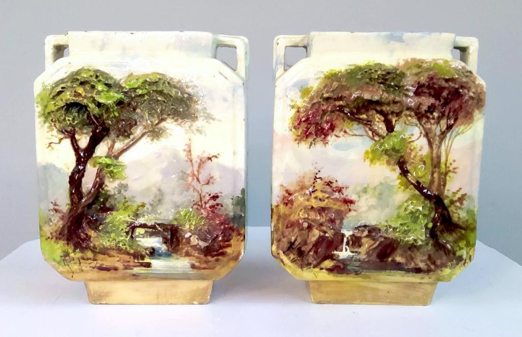 Pair of Turn-Teplitz (T.E.G.) Art Pottery Scenic Vases (1 of 11)