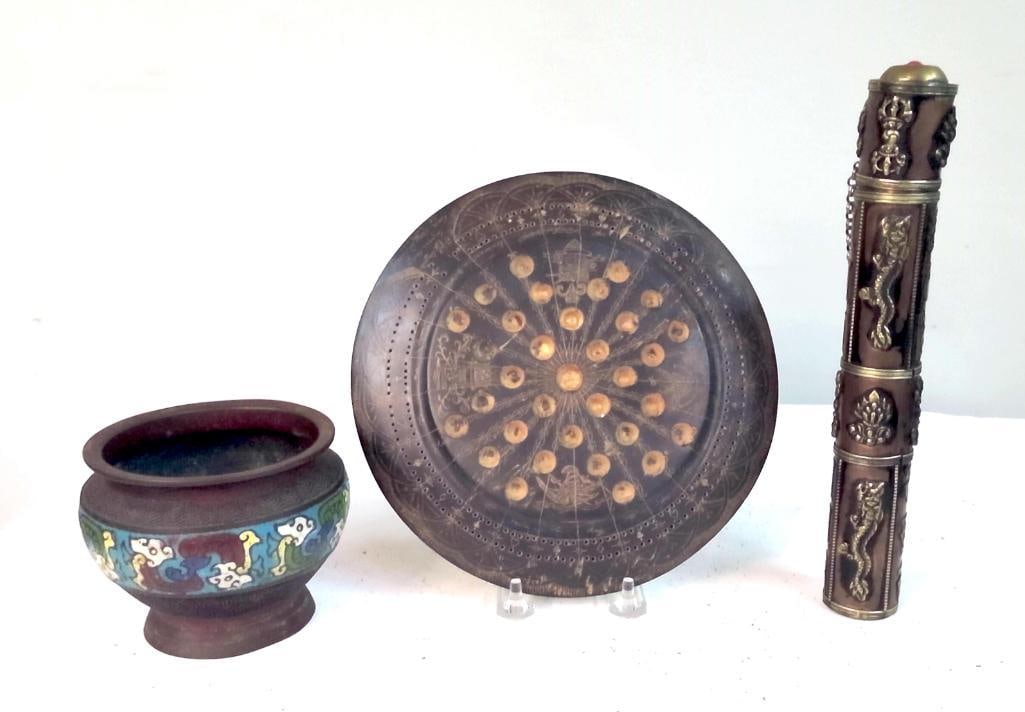 Group of Asian Decorative Objects, Including Cloisonné Bowl, Pierced Tray, and Metal Cylinder (1 of 10)