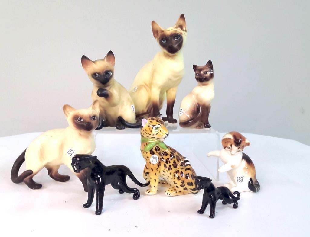 Group of Ceramic Cat Figures, including Siamese and Leopard Examples (1 of 7)