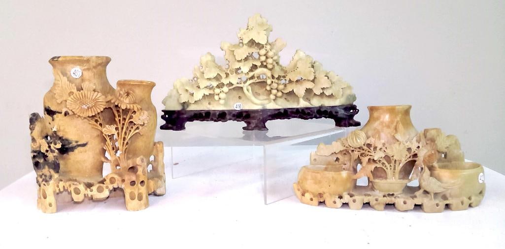 Three Chinese Carved Soapstone Brush Pots and Table Screen (1 of 11)