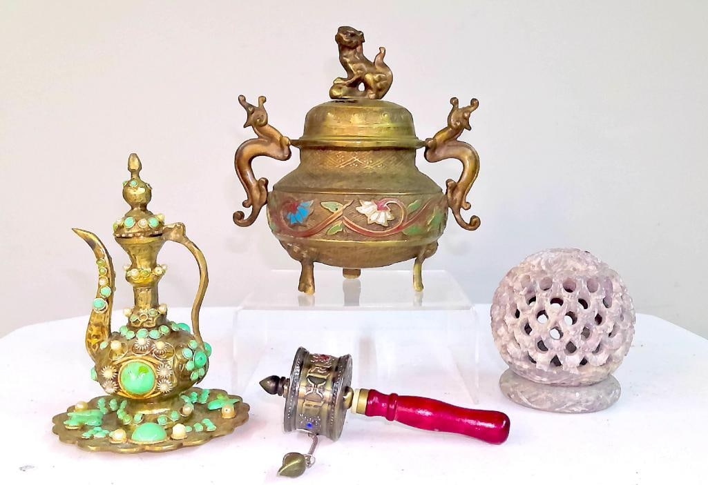 Asian Decorative Objects, Including Cloisonné Censer and Prayer Wheel (1 of 7)