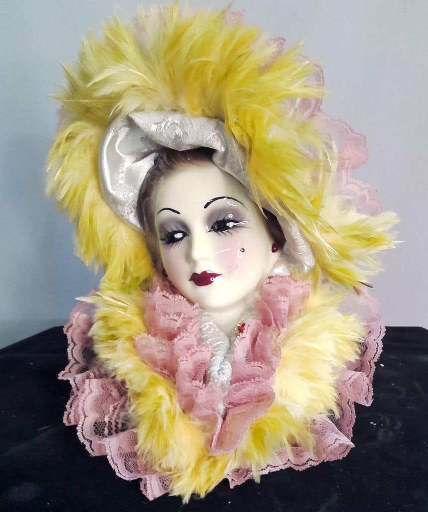 Victorian Style “Lady Face Mask?? Wall Hanging (Yellow Trim): Limited edition decorative wall mask featuring a porcelain lady’s face with feathered trim and lace accents, labeled Unique Creations, San Francisco (Ray Mak), and hand-numbered Dimensions: H 13.5 x