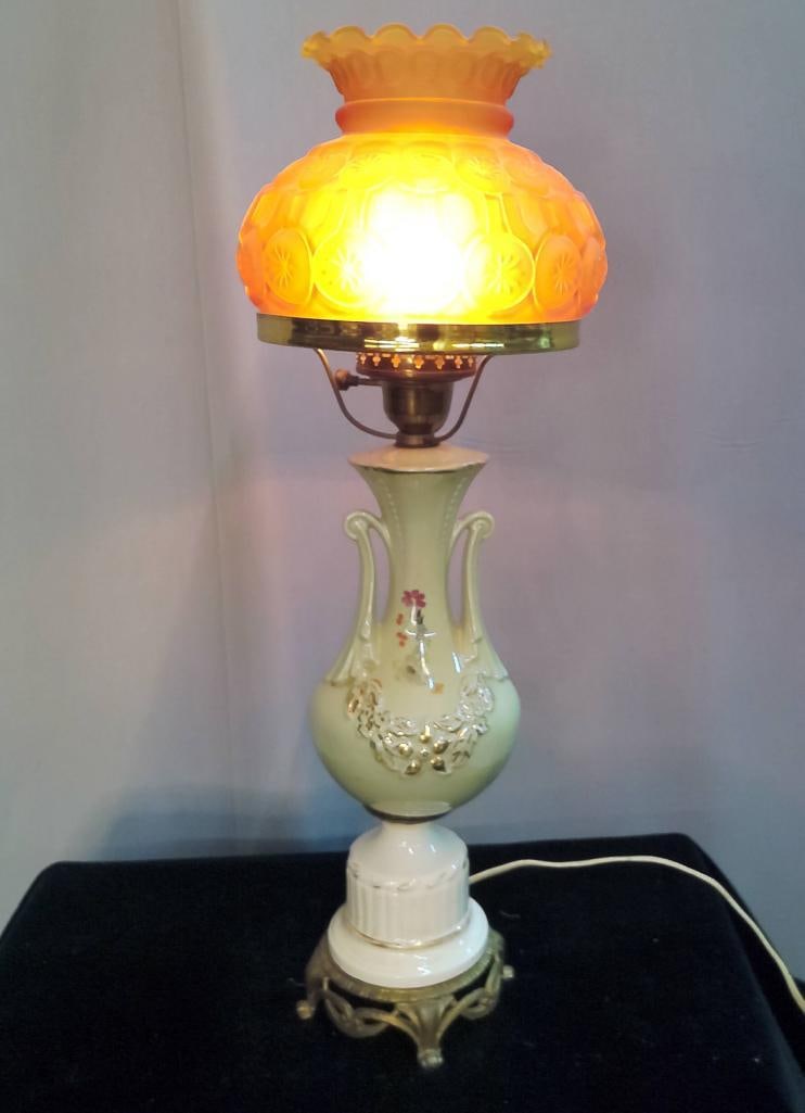Porcelain Table Lamp with Amber Glass Shade (1 of 7)