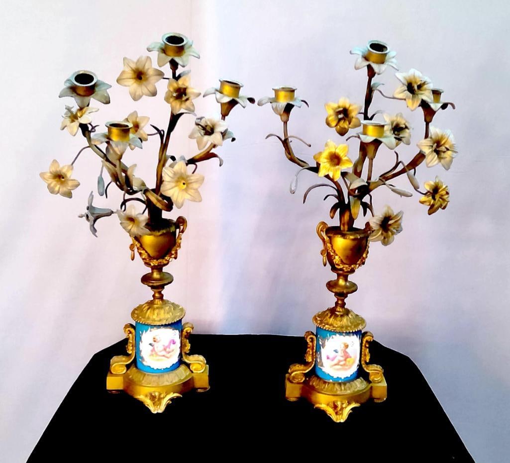 Pair of French-Style Gilt Metal and Porcelain Candelabra (1 of 8)