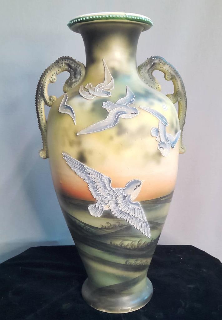 French Art Pottery Vase with Applied Swallows and Scenic Ground (1 of 8)