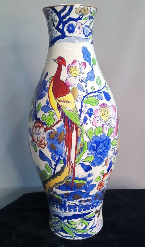 Masons Ironstone “Regency?? Pattern Vase (England): Baluster-form earthenware vase by Masons Ironstone, decorated in the “Regency” pattern with a brightly colored exotic bird (pheasant) among stylized floral sprays in cobalt blue, green, pink, 