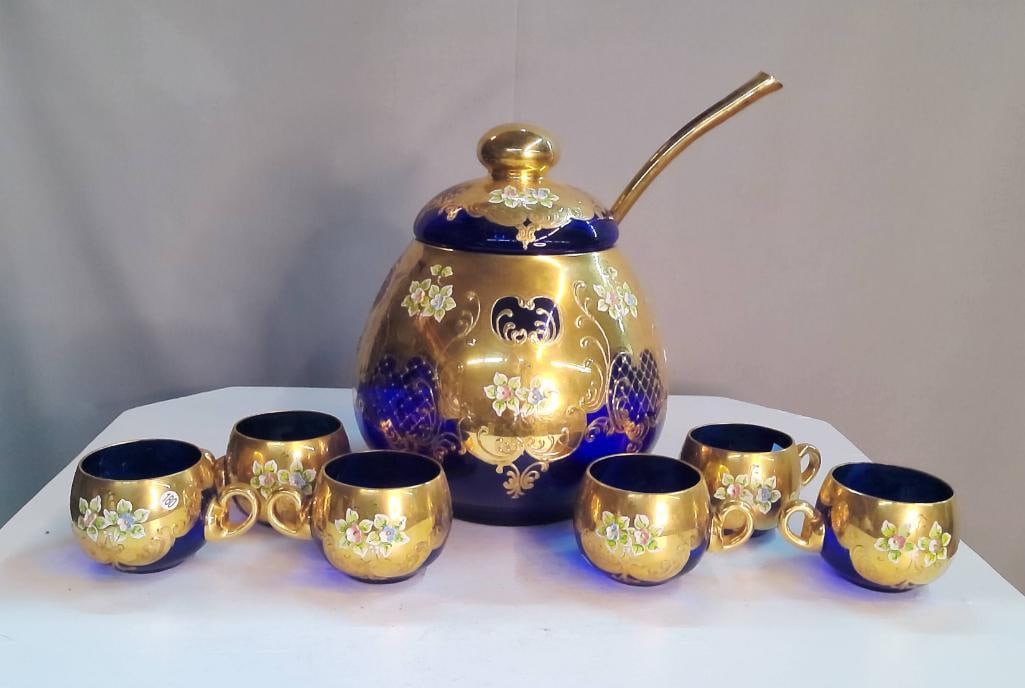 Bohemian Gilt & Cobalt Glass Punch Set with Ladle (1 of 9)