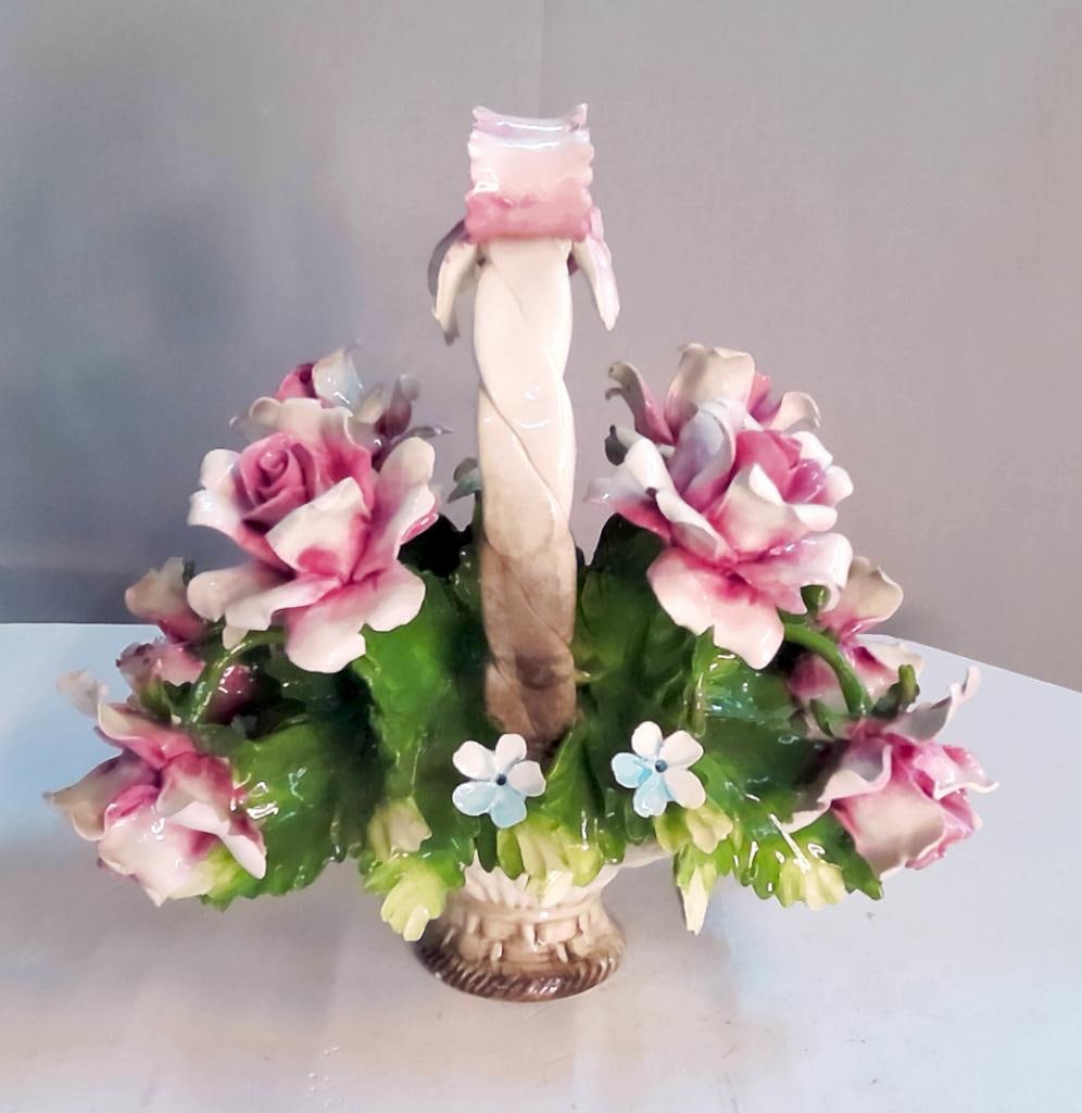 Porcelain Floral Basket with Applied Roses, Dresden Style (1 of 8)