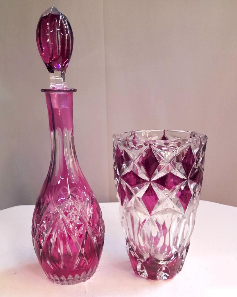 Cranberry Cut-to-Clear Glass Decanter and Tumbler (1 of 6)