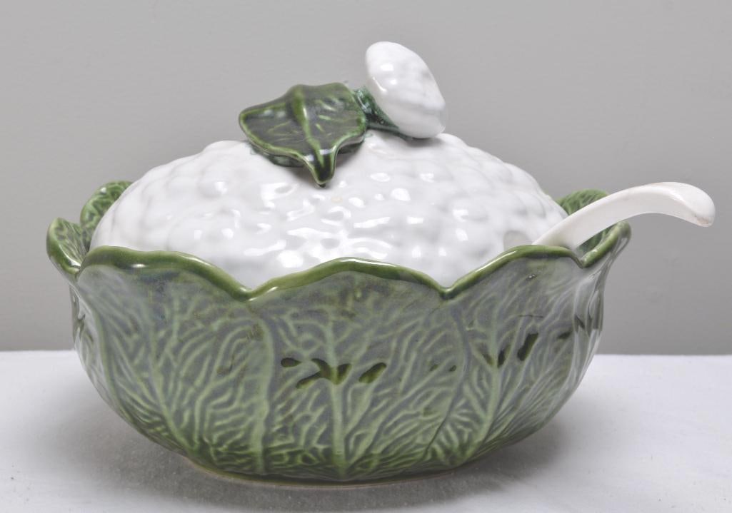 A Majolica Cauliflower Tureen: With Ladle, indistinctly marked on base Dimensions: H 8 x W 9 x D 11 inches NOTE: No apparent chips or evidence of repairs.