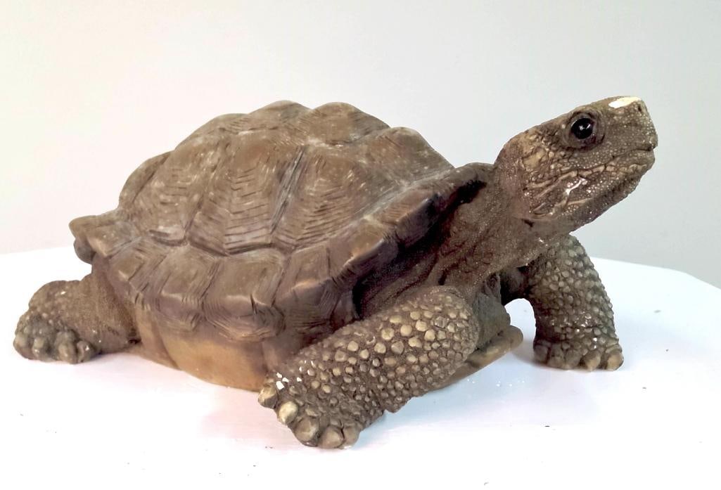 Decorative Cast Composition Tortoise Figure: Modern decorative figure, cast in composition material (mortar/concrete) and modeled as a naturalistic tortoise; underside with applied “Classics” emblem indicating a mass-produced garden or i
