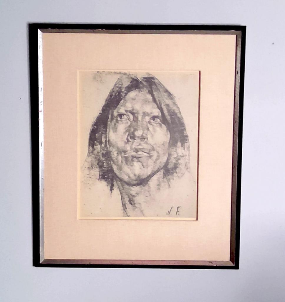 Nicolai Fechin (Russian/American, 1881–1955): Native American Portrait, , Monochromatic reproduction after a portrait study by Nicolai Fechin depicting a Native American sitter shown in frontal view. Rendered in the artist's characteristic ex