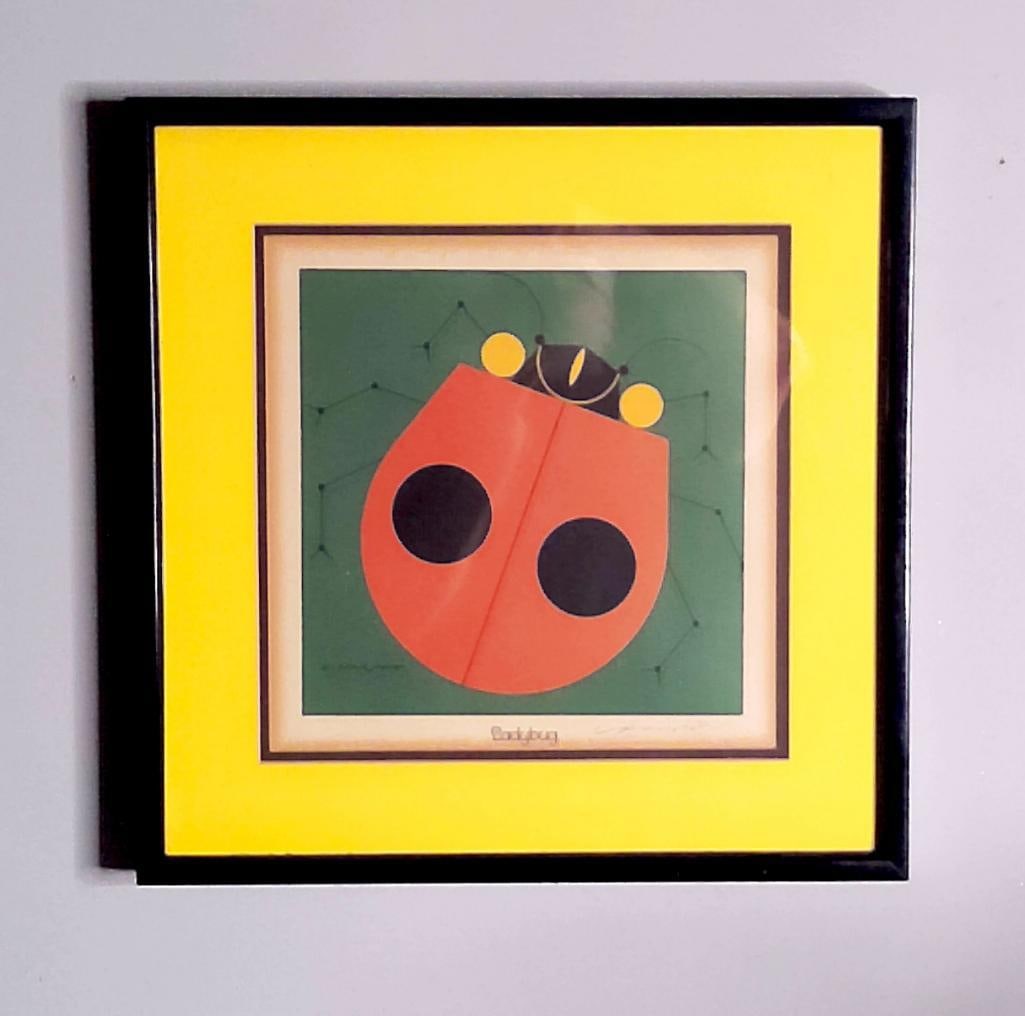 Charley Harper "Lady Bug" Signed Print: Color print depicting a stylized ladybug against a green ground with abstract linear elements, titled “Ladybug” lower left and signed in graphite lower right. Presented under glass with cream 